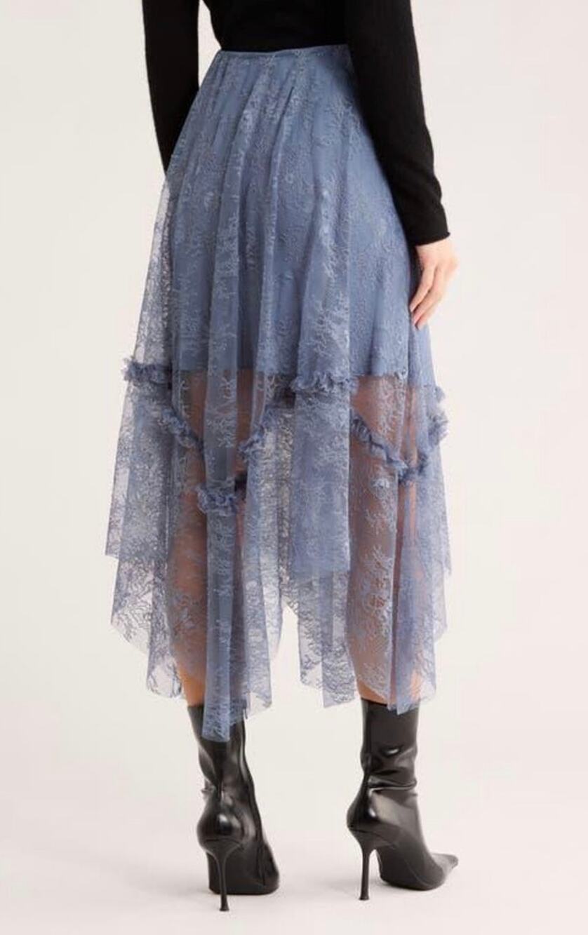 ALLSAINTS Josie Asymmetrical Lace Skirt in Flint Stone Blue Size US 10
